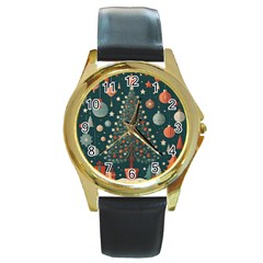 Tree Christmas Round Gold Metal Watch