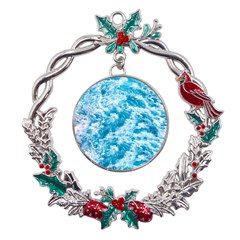 Blue Ocean Wave Texture Metal X mas Wreath Holly leaf Ornament