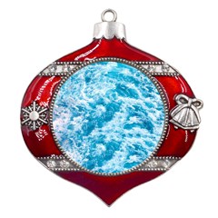 Blue Ocean Wave Texture Metal Snowflake And Bell Red Ornament