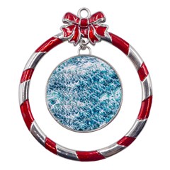 Summer Blue Ocean Wave Metal Red Ribbon Round Ornament by Jack14