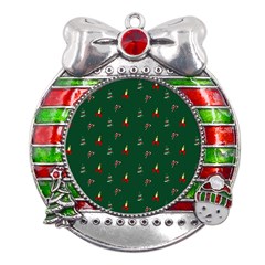 Christmas Green Pattern Background Metal X mas Ribbon With Red Crystal Round Ornament by Pakjumat
