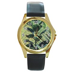 Botanical Tropical Motif Photo Art Round Gold Metal Watch by dflcprintsclothing