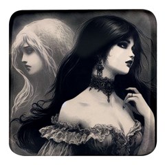 Goth Girl With Ghost  Square Glass Fridge Magnet (4 Pack)