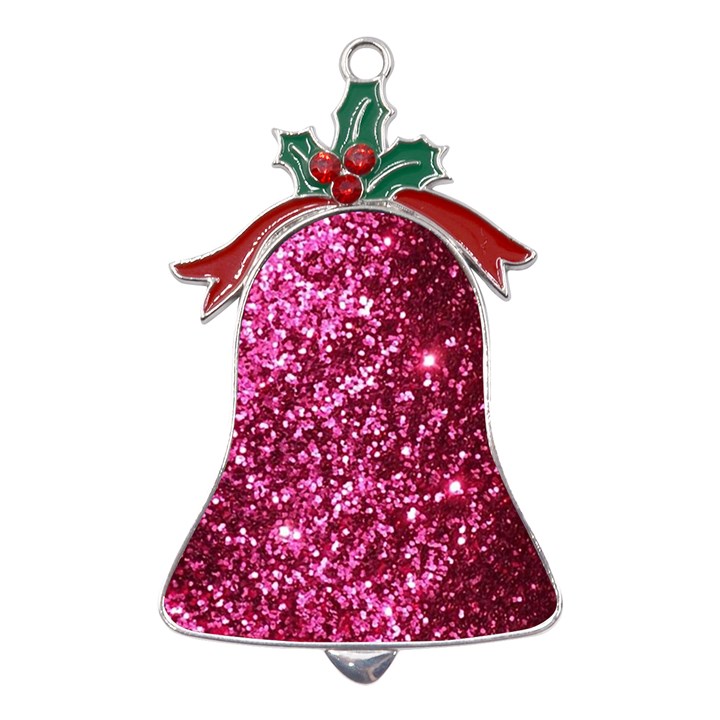 Pink Glitter Metal Holly Leaf Bell Ornament