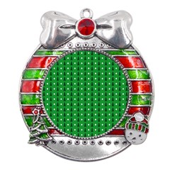 Green Christmas Tree Pattern Background Metal X mas Ribbon With Red Crystal Round Ornament