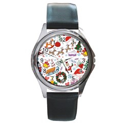 Christmas Theme Decor Illustration Pattern Round Metal Watch by Amaryn4rt