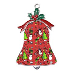 Santa Snowman Gift Holiday Christmas Cartoon Metal Holly Leaf Bell Ornament