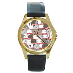 Cute Adorable Bear Merry Christmas Happy New Year Cartoon Doodle Seamless Pattern Round Gold Metal Watch by Amaryn4rt