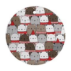 Cute Adorable Bear Merry Christmas Happy New Year Cartoon Doodle Seamless Pattern Round Ornament (two Sides) by Amaryn4rt