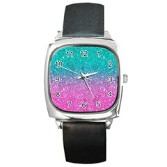 Pink And Turquoise Glitter Square Metal Watch