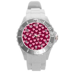 Pattern Pink Abstract Heart Round Plastic Sport Watch (l) by Pakjumat