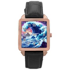 Storm Tsunami Waves Ocean Sea Nautical Nature Rose Gold Leather Watch 