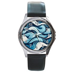 Pattern Ocean Waves Arctic Ocean Blue Nature Sea Round Metal Watch by Pakjumat