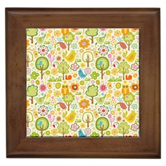 Nature Doodle Art Trees Birds Owl Children Pattern Multi Colored Framed Tile by Pakjumat