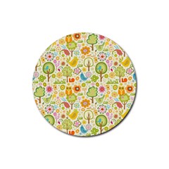 Nature Doodle Art Trees Birds Owl Children Pattern Multi Colored Rubber Coaster (round) by Pakjumat