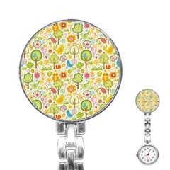 Nature Doodle Art Trees Birds Owl Children Pattern Multi Colored Stainless Steel Nurses Watch by Pakjumat