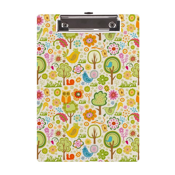 Nature Doodle Art Trees Birds Owl Children Pattern Multi Colored A5 Acrylic Clipboard