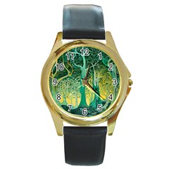 Nature Trees Forest Mystical Forest Jungle Round Gold Metal Watch by Pakjumat