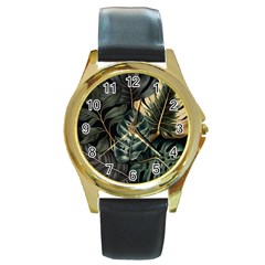 Tropical Leaves Foliage Monstera Nature Home Round Gold Metal Watch