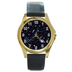 Starry Night  Space Constellations  Stars  Galaxy  Universe Graphic  Illustration Round Gold Metal Watch by Pakjumat