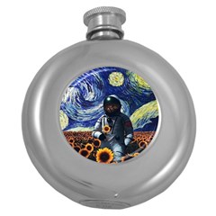 Starry Surreal Psychedelic Astronaut Space Round Hip Flask (5 Oz) by Pakjumat