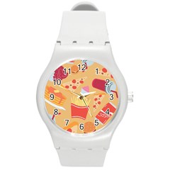 Fast Junk Food  Pizza Burger Cool Soda Pattern Round Plastic Sport Watch (m)