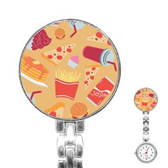 Fast Junk Food  Pizza Burger Cool Soda Pattern Stainless Steel Nurses Watch