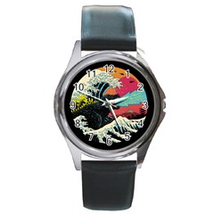 Retro Wave Kaiju Godzilla Japanese Pop Art Style Round Metal Watch by Modalart