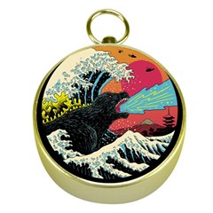Retro Wave Kaiju Godzilla Japanese Pop Art Style Gold Compasses by Modalart