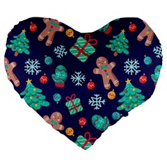 Christmas Texture New Year Background Trees Retro Pattern Large 19  Premium Flano Heart Shape Cushions