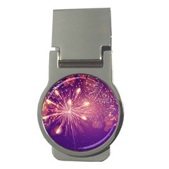 Fireworks On A Purple With Fireworks New Year Christmas Pattern Money Clips (round)  by Sarkoni