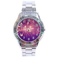 Fireworks On A Purple With Fireworks New Year Christmas Pattern Stainless Steel Analogue Watch