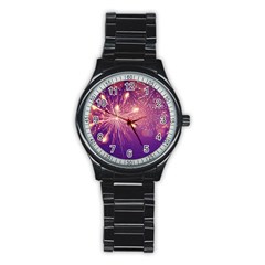 Fireworks On A Purple With Fireworks New Year Christmas Pattern Stainless Steel Round Watch