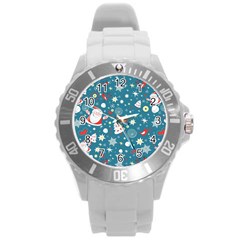 Christmas Pattern Santa Blue Round Plastic Sport Watch (l)