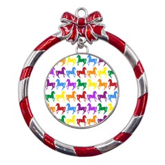 Colorful Horse Background Wallpaper Metal Red Ribbon Round Ornament