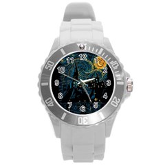 Castle Starry Night Van Gogh Parody Round Plastic Sport Watch (l)