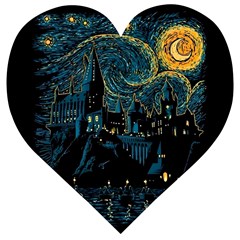 Castle Starry Night Van Gogh Parody Wooden Puzzle Heart by Sarkoni