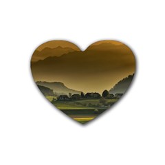 Mountains Village Trees Hills Rubber Heart Coaster (4 Pack)