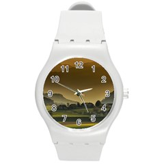 Mountains Village Trees Hills Round Plastic Sport Watch (m)