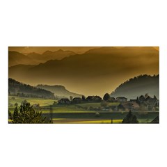 Mountains Village Trees Hills Satin Shawl 45  X 80 