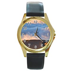 Landscape Sky Clouds Mountain Road Round Gold Metal Watch by Sarkoni