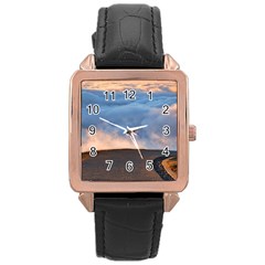 Landscape Sky Clouds Mountain Road Rose Gold Leather Watch 