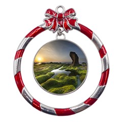 Coast Algae Sea Beach Shore Metal Red Ribbon Round Ornament