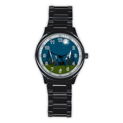 Vector Graphic Mountains Snow Wolf Stainless Steel Round Watch