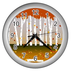 Birch Trees Fall Autumn Leaves Wall Clock (silver) by Sarkoni