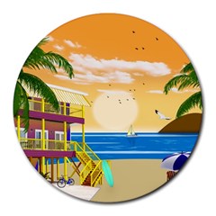 Vector Graphic Clipart Beach House Round Mousepad by Sarkoni