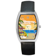 Vector Graphic Clipart Beach House Barrel Style Metal Watch