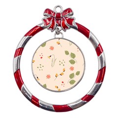 Spring Art Floral Pattern Design Metal Red Ribbon Round Ornament by Sarkoni