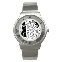 Leaves Plants Doodle Drawing Stainless Steel Watch