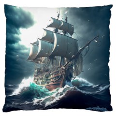 Pirate Ship Boat Sea Ocean Storm Large Premium Plush Fleece Cushion Case (two Sides) by Sarkoni